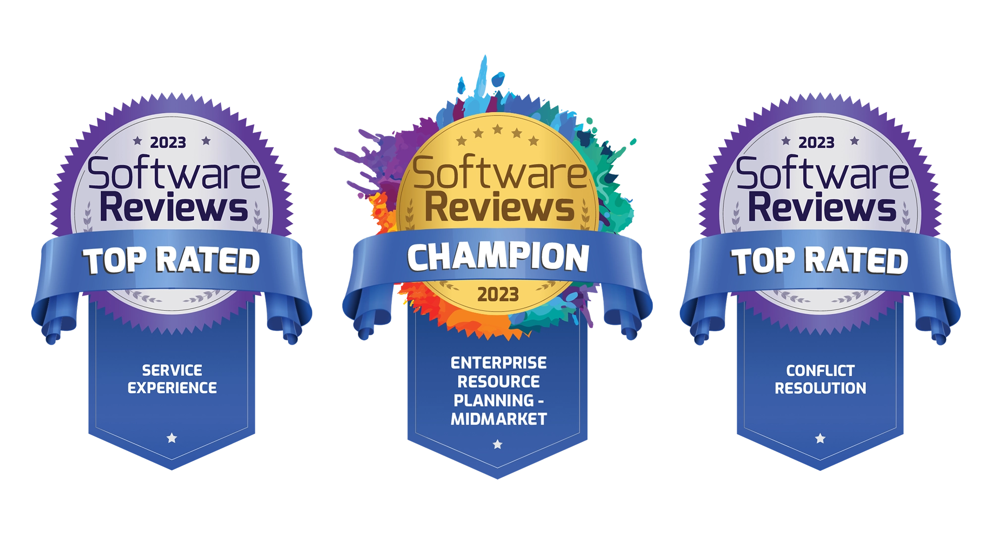 Software Reviews 2023 Awards - Top Rated Service Experience, Champion Enterprise Resource Planning Midmarket, Top Rated Conflict Resolution